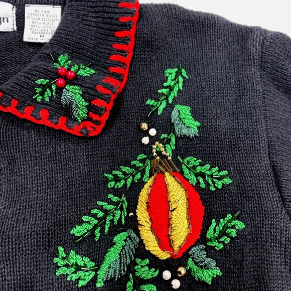 Womens Vtg Christmas Cardigan Sweater BP Design Medium Black Embroidered Beaded - Picture 5 of 16